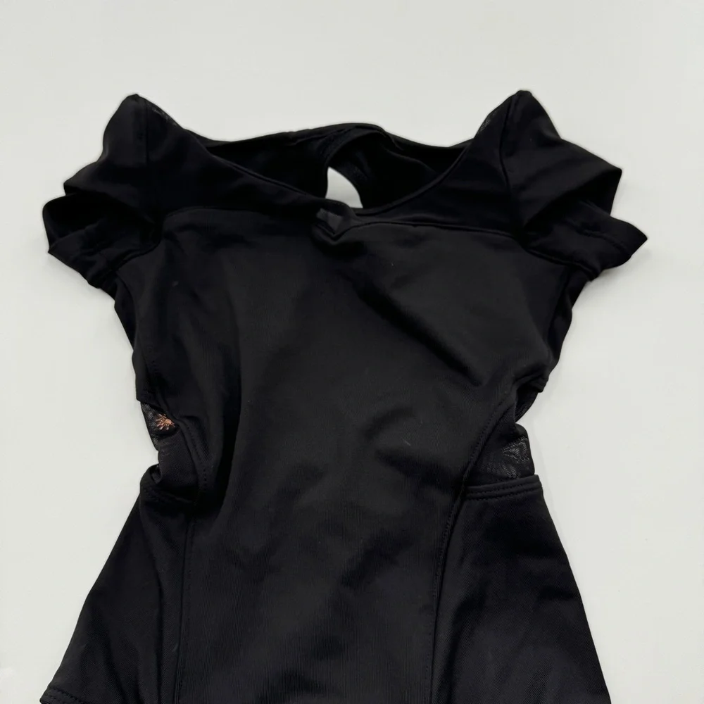 Bloch Kids Black Dance Leotard | Open Back Mesh Detail | Short Sleeve | Size 4–6